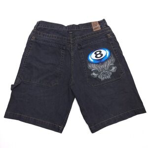 JNCO Jeans Mens Black 8 Ball Skull Embroidered Carpenter Shorts 36‎ Vintage Y2K